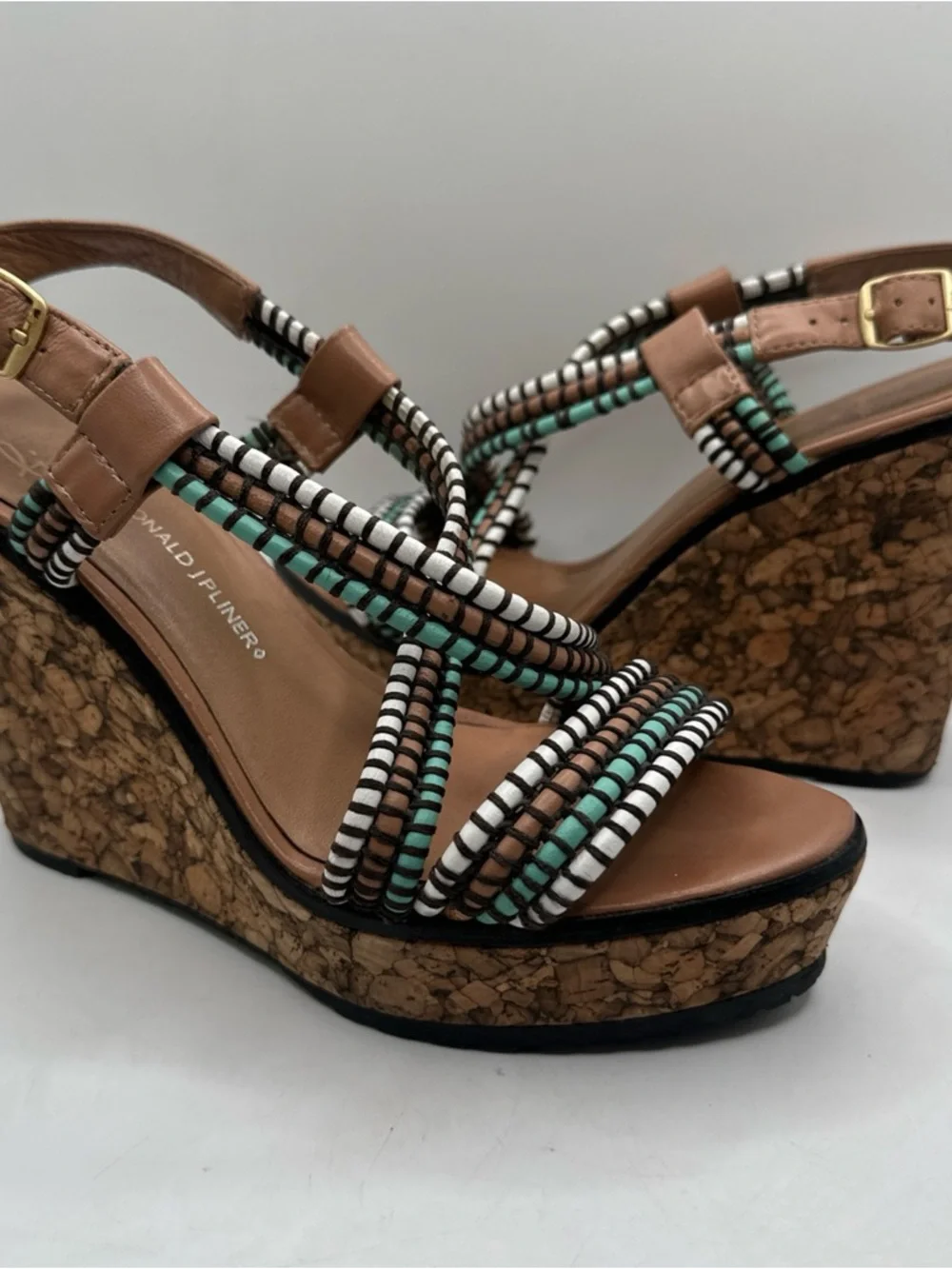 Donald J. Pliner Cork Wedge Sandals Turquoise White & Black Straps Sz 7 1/2